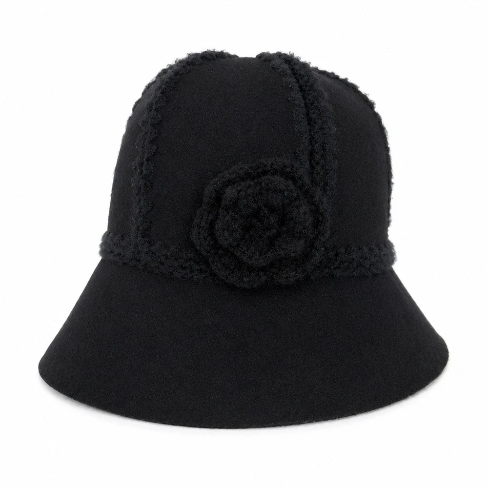 Vintage Y2K Cloche Bucket Hat Black Wool Crochet Flower Trim Winter Boho Retro